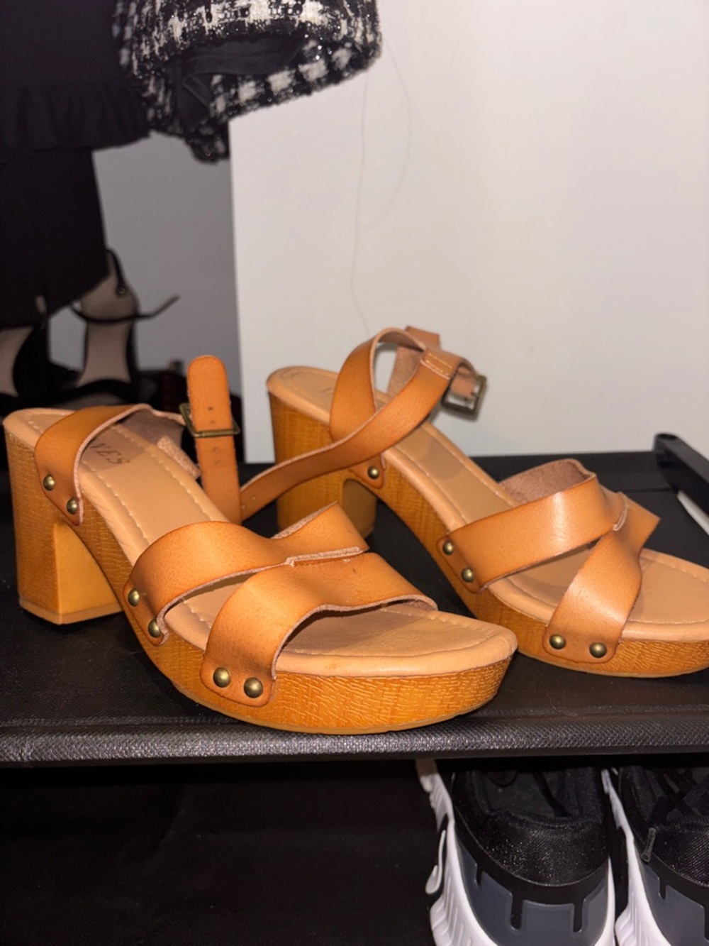 Women's Tan Platform Wedge Sandals with Stud Accents